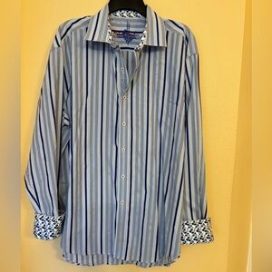Robert Graham Blue and White Striped Button Down Shirt 2XL